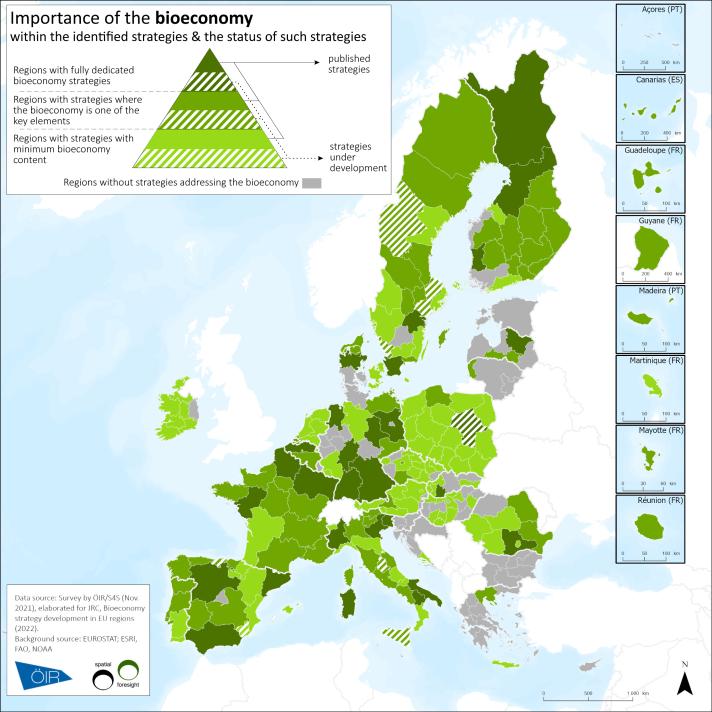 Colour-coded map showing EU regions with bioeconomy strategies